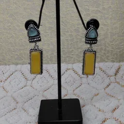 ABSOLUTE Silver-Plated Artificial Stones Studded Oxidised Rectangular Shaped Drop Earrings image 3