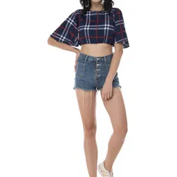 Absorbing Checked Flutter Sleeve Crepe Crop Top image 5