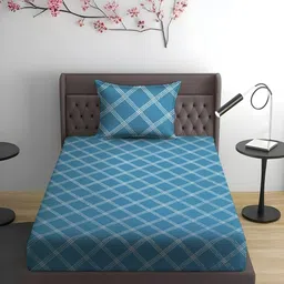 WEAVE AND DECOR Blue & White 300 TC Single Bedsheet with 1 Pillow Covers-image-67