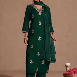 Janasya Women Floral Embroidered Regular Sequinned Kurta with Trousers & With Dupatta-picture-22