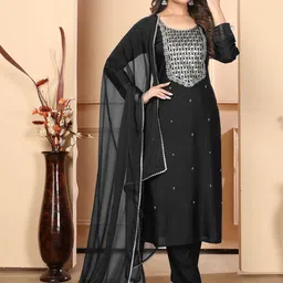 DIVASTRI Floral Embroidered Sequinned Straight Kurta With Trousers & Dupatta-image-40