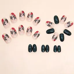 The Pink Truck Set Of 24 Artificial Reusable Nails-Green With Flower Print image 2