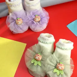 Yellow Bee Infant Girls Pack Of 2 Bear & Tulle Flower Cotton Socks-image-91