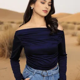 Womenster Women Asymmetric Collar Crepe Bardot Crop Top-picture-18