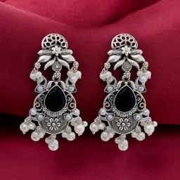 TISHUL JEWELS Silver-Plated Artificial Stones Studded & Beaded Oxidised Drop Earrings image 3