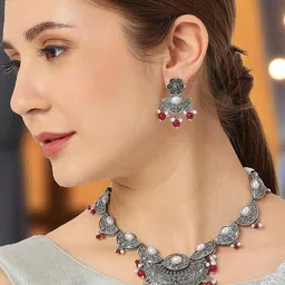 fabula Artificial Stones Studded and Pearls Beaded Oxidised Necklace And Earrings-image-29