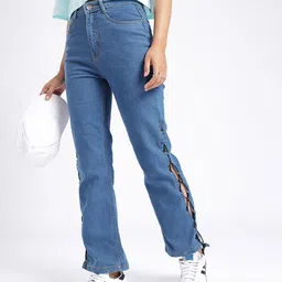 glitchez Women Straight Fit Stretchable Jeans With Fisheye Studs Tie Up-image-44