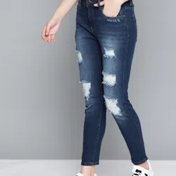 Harvard Women Navy Blue Skinny Fit Highly Distressed Light Fade Stretchable Cropped Jeans-image-39