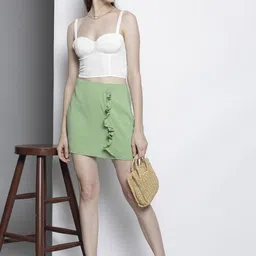 Trendyol Women Green Solid Ruffle Straight Skirt-picture-52