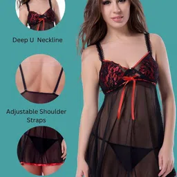 Ribald The Neech Self Design Shoulder Straps Baby Doll with Briefs image 4