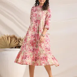 janasya JanasyaWomen Pink Pure Cotton Abstract Gathered Ethnic Dresses-picture-12