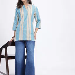 Anouk Rustic Striped Mandarin Collar Straight Kurti image 2