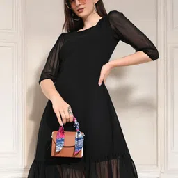 BAESD women square neck Puff Sleeve a line Dress-image-5