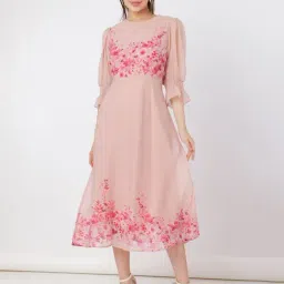 Zink London Pink Floral Print Midi Dress-image-3