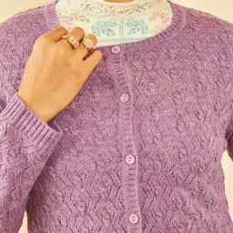 Soch Purple Acrylic Patterned Knit Round-Neck Cardigan with Ribbed Hems image 5