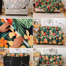 HOKIPO Spring Green Hibiscus Print 5 Seater Fully Covered Sofa Cover image 2