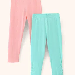 Pine Kids Three Fourth Length Biowashed Cotton Stretchable Leggings Solid & Leaf Print Pack Of 2 - Pink Green-picture-11