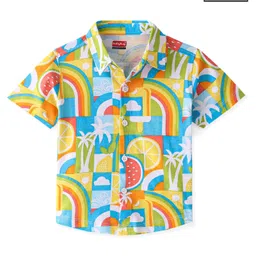 Babyhug Cotton Knitted Half Sleeves  Regular Collar Shirt Rainbow Printed  - White Blue & Yellow-picture-12