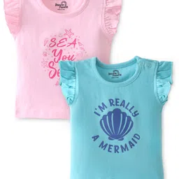 Doodle Poodle 100% Cotton Frill Sleeves Sea Shells & Text Printed T-Shirts Pack of 2 - Pink & Blue-image-25