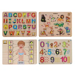 MINDMAKER Wooden Puzzle with Knobs Educational and Learning Toy for Kids (Alphabets+Number+Body Parts+Animals)-image-83