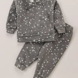 Babyhug Velour Woven Full Sleeves Winter Wear Co-Ord Set With Moon & Stars Print - Grey-picture-20