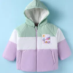 Little Kangaroos Knit Full Raglan Sleeves Hooded Padded Jacket With Colour Block Design & Text Patch - Mint-picture-21