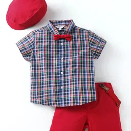 ToffyHouse Cotton Knit Half sleeves Checks Shirt & Short Set with Bow Suspender & Cap - Navy Blue Red-picture-38