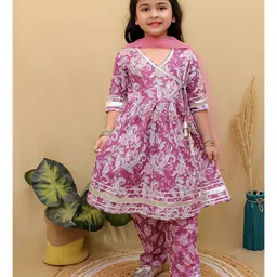 Superminis Cotton Half Sleeves Floral Printed & Lace Embellished Kurta Pant with Dupatta Set - Purple-picture-14