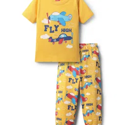 Babyhug Cotton Knit Half Sleeves Night Suit With Aeroplane Print - Yellow-picture-10