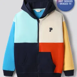 Primo Gino 100% Cotton French Terry Knit Drop Shoulder Full Sleeves Colour Block Hooded Sweatjacket With Alphabet Patch & Kangaroo Pockets - Multicolor-picture-14