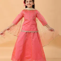 MASTARANG Woven Three Fourth Sleeves Gota Lace Embellished Ethnic Motifs Embroidered Kurta & Lehenga With Dupatta Set - Coral-picture-20