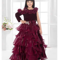 Tiny Kingdom Satin Woven Cold Shoulder Sleeves Floral Applique Detailed Stones Embellished Gown - Maroon-image-88
