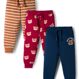 Babyhug Cotton Knit Full Length Lounge Pant With Animal Print Pack Of 3 - Navy Blue Red & Brown-picture-25