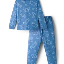 Primo Gino 100% Cotton Knit Full Sleeves Printed Co-ord Night Suit - Blue-picture-24