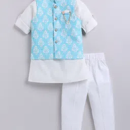 LITTLE COLLARS Silk Woven Full Sleeves Solid Kurta Pyjama With Floral Motif Printed Nehru Jacket Set - Mint-picture-32