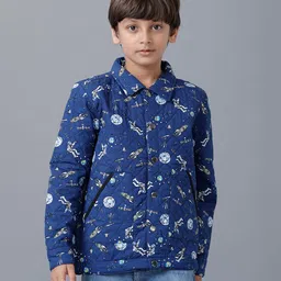 Under Fourteen Only Full Sleeves Space Theme Printed Quilted Jacket - Navy Blue-image-2