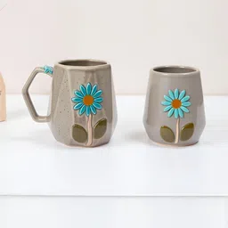 Kraftlik Handicraft Set of 2 Handmade Flower Painted Textured Ceramic Glossy Mugs image 4