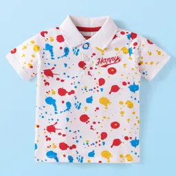 Babyhug Single Jersey Knit Half Sleeves Printed Polo T-Shirt & Solid Shorts Set - White & Red image 2