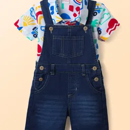 Babyhug Poplin Woven Knee Length Dungaree & Half Sleeves Shirt Set with Nautical Theme Print - White & Navy Blue image 2
