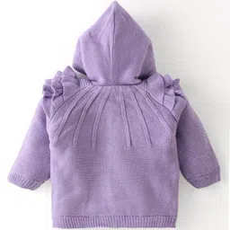 Babyhug Knit Full Sleeves Solid Color Hooded Front Open Sweater with Frill Detailing - Lavender image 2