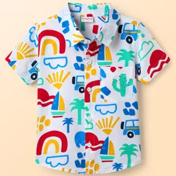 Babyhug Poplin Woven Knee Length Dungaree & Half Sleeves Shirt Set with Nautical Theme Print - White & Navy Blue image 3