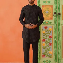 TheEthnic.Co Sequinned Mandarin Collar Dupion Silk Straight Kurta with Trousers-image-2