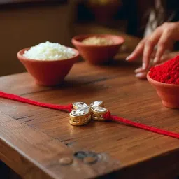 LUCKY JEWELLERY Set Of 2 Gold-Plated Rakhi With Roli Rice & Greeting Card image 4