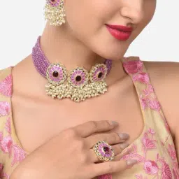 Zaveri Pearls Purple Meenakari Multistrand Crystal Beaded Choker Necklace Earring Ring Set-ZPFK14815-image-20
