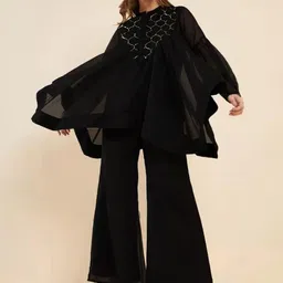Mabish Embellished Mandarin Collar Flared Sleeve Georgette Longline Top-picture-43