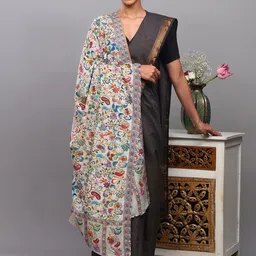 Exotic India Aari Embroidered Kalamkari Wool Silk Shawl With Printed Flowers & Paisley image 2
