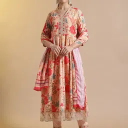 Anouk Floral Embroidered Thread Work Pure Cotton Anarkali Kurta with Trousers & Dupatta-image-16