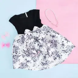 Pantaloons Junior Kids Black & White Cotton Floral Print Dress-picture-35