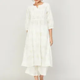 Melange by Lifestyle Off-White Cotton Printed A Line Kurta-image-10