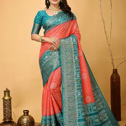 KALINI Bandhani Printed Woven Design Zari Saree-image-16